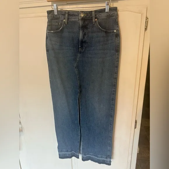 EXPRESS High Waisted Drop Hem Front Slit Maxi Denim Skirt