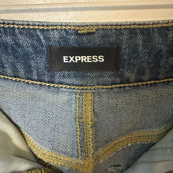 EXPRESS High Waisted Drop Hem Front Slit Maxi Denim Skirt