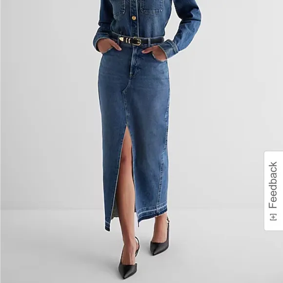 EXPRESS High Waisted Drop Hem Front Slit Maxi Denim Skirt