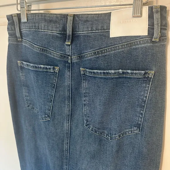 EXPRESS High Waisted Drop Hem Front Slit Maxi Denim Skirt