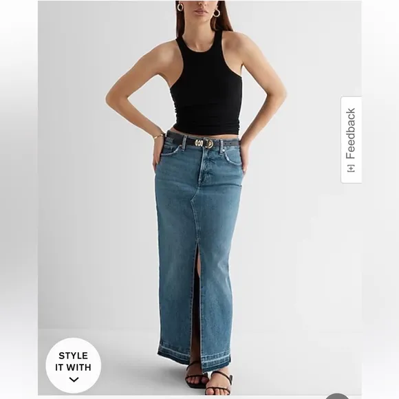 EXPRESS High Waisted Drop Hem Front Slit Maxi Denim Skirt