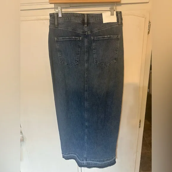 EXPRESS High Waisted Drop Hem Front Slit Maxi Denim Skirt
