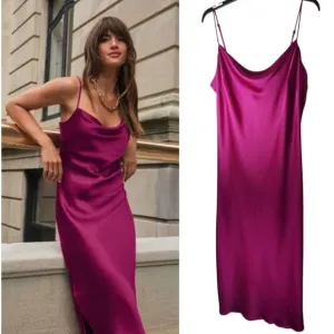 Express Satin Cowl Neck Midi Slip Dress Fuchsia Size Extra Large