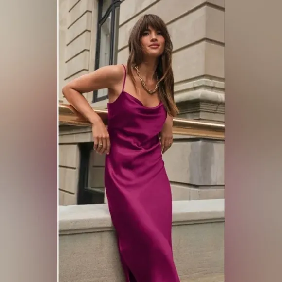 Express Satin Cowl Neck Midi Slip Dress Fuchsia Size Extra Large
