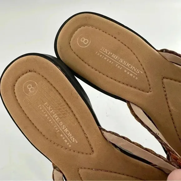 Expressions sandals size 8 tan leather floral braided 80s 90s slip on slides