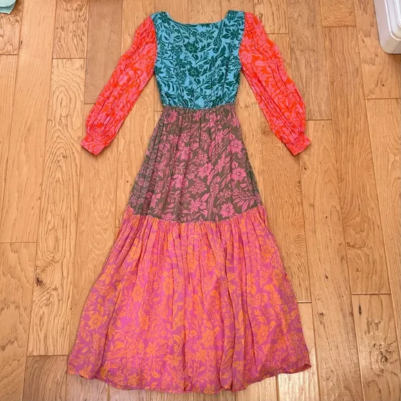 Farm Rio Anthropologie Cut Out Maxi Small Orange Pink Blue Lined Long Sleeves
