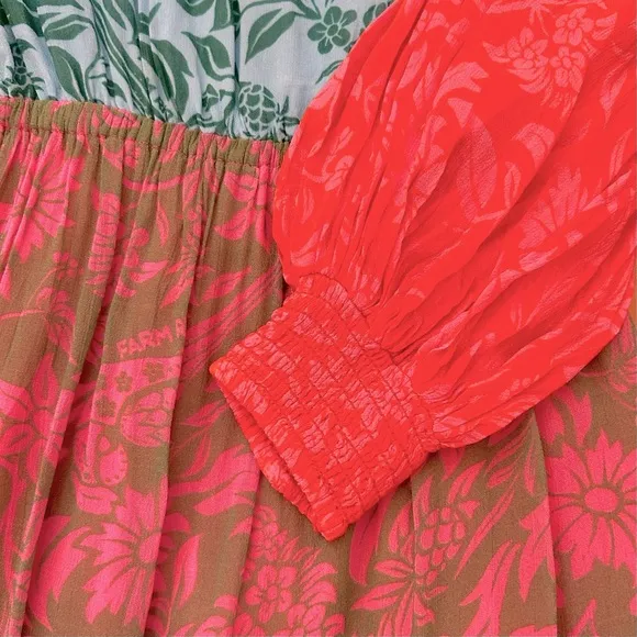 Farm Rio Anthropologie Cut Out Maxi Small Orange Pink Blue Lined Long Sleeves