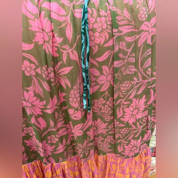 Farm Rio Anthropologie Cut Out Maxi Small Orange Pink Blue Lined Long Sleeves