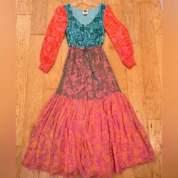 Farm Rio Anthropologie Cut Out Maxi Small Orange Pink Blue Lined Long Sleeves