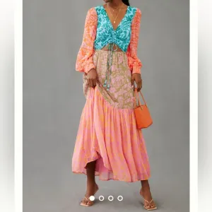 Farm Rio Anthropologie Cut Out Maxi Small Orange Pink Blue Lined Long Sleeves