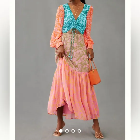 Farm Rio Anthropologie Cut Out Maxi Small Orange Pink Blue Lined Long Sleeves