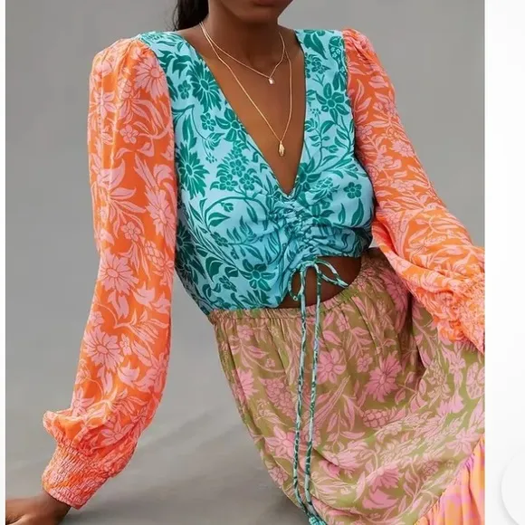 Farm Rio Anthropologie Cut Out Maxi Small Orange Pink Blue Lined Long Sleeves