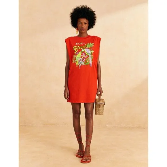 Farm Rio Brasil Red Organic Cotton Sleeveless Mini T-Shirt Dress