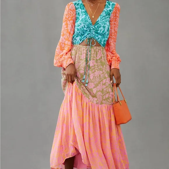 FARM Rio Cut Out Maxi Dress Anthropologie Floral Boho Patchwork Bright Small