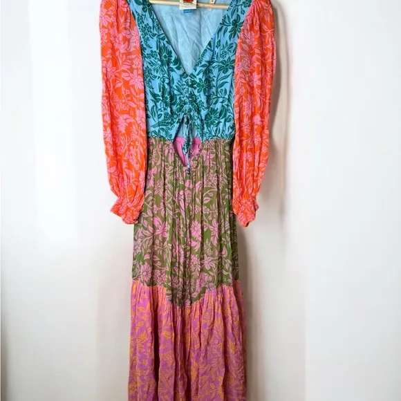 FARM Rio Cut Out Maxi Dress Anthropologie Floral Boho Patchwork Bright Small