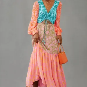 FARM Rio Cut Out Maxi Dress Anthropologie Floral Boho Patchwork Bright Small