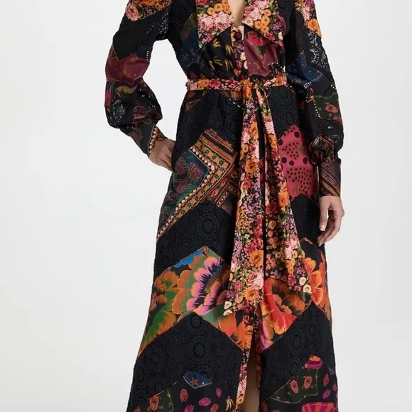 Farm Rio Mixed Black Prints Lace Ankle Dress - No sash - NWOT