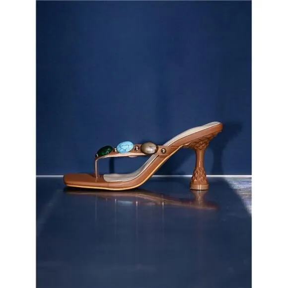 Fashion Brown Pointed Toe High Heel Colorful Gemstone Mule Sandals