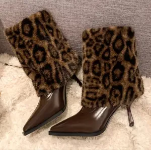 Faux FurLeopard Women Ankle Boots Pointed Toe Sexy High Heels Shoes 2025