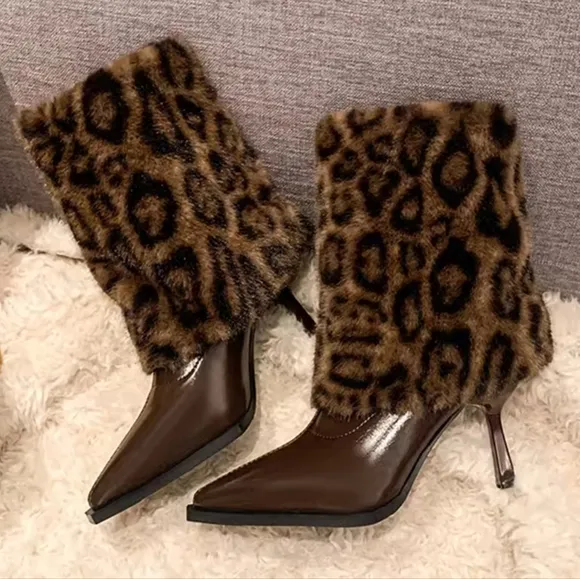 Faux FurLeopard Women Ankle Boots Pointed Toe Sexy High Heels Shoes 2025