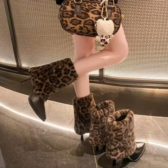 Faux FurLeopard Women Ankle Boots Pointed Toe Sexy High Heels Shoes 2025