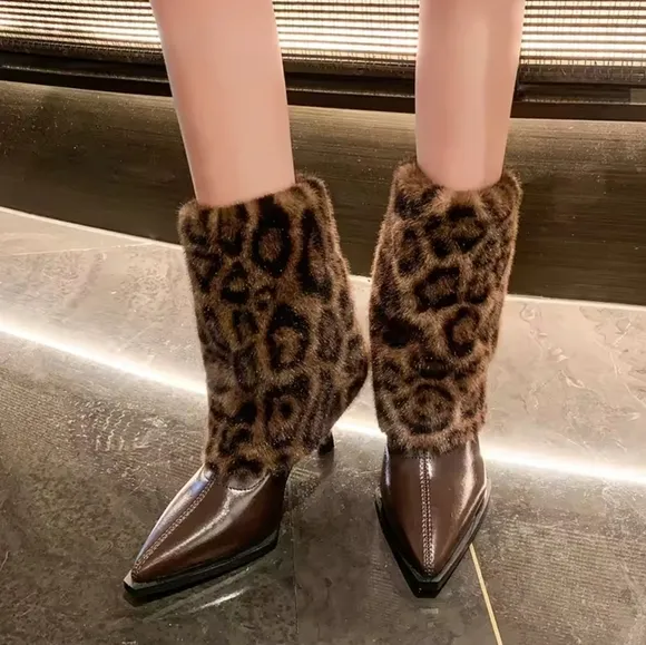 Faux FurLeopard Women Ankle Boots Pointed Toe Sexy High Heels Shoes 2025