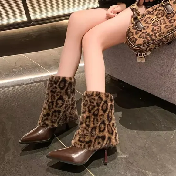 Faux FurLeopard Women Ankle Boots Pointed Toe Sexy High Heels Shoes 2025