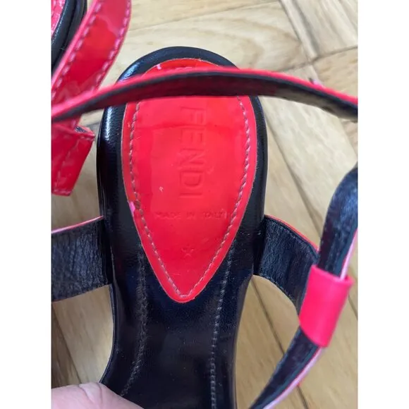 Fendi Hot Pink Patent Leather &amp; Black Wedge Heels Size 40 Y2K Sandals Platform