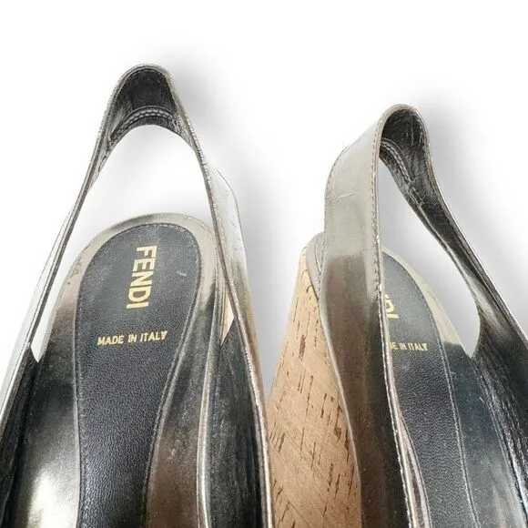 Fendi Metallic/Brown Zucca Canvas &amp; Patent Leather Wedge Sandals Women’s Size 40