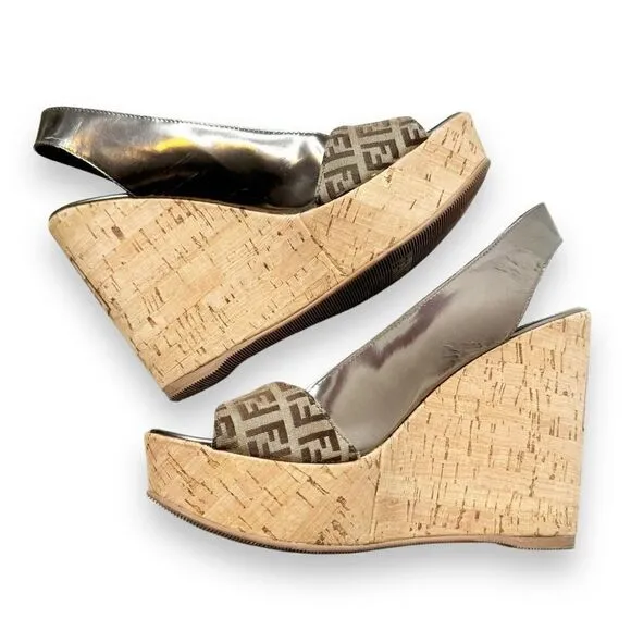 Fendi Metallic/Brown Zucca Canvas &amp; Patent Leather Wedge Sandals Women’s Size 40