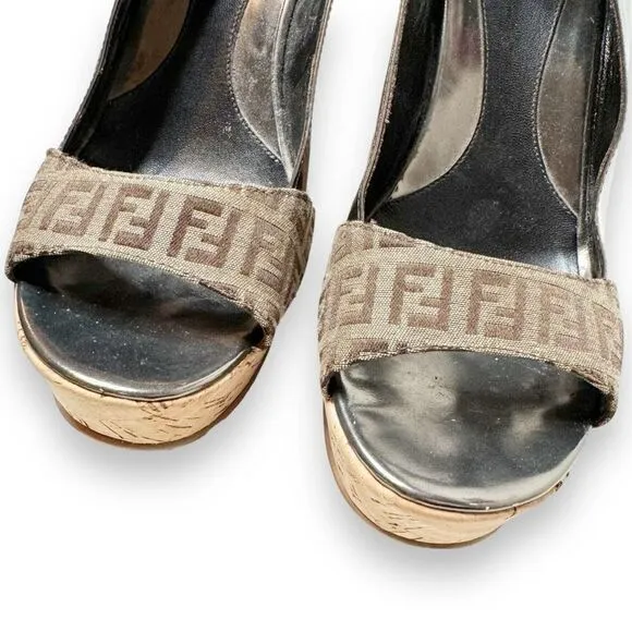 Fendi Metallic/Brown Zucca Canvas &amp; Patent Leather Wedge Sandals Women’s Size 40