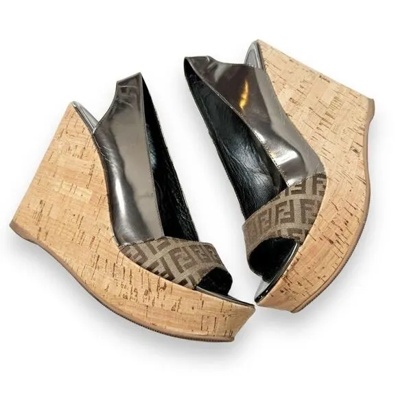 Fendi Metallic/Brown Zucca Canvas &amp; Patent Leather Wedge Sandals Women’s Size 40