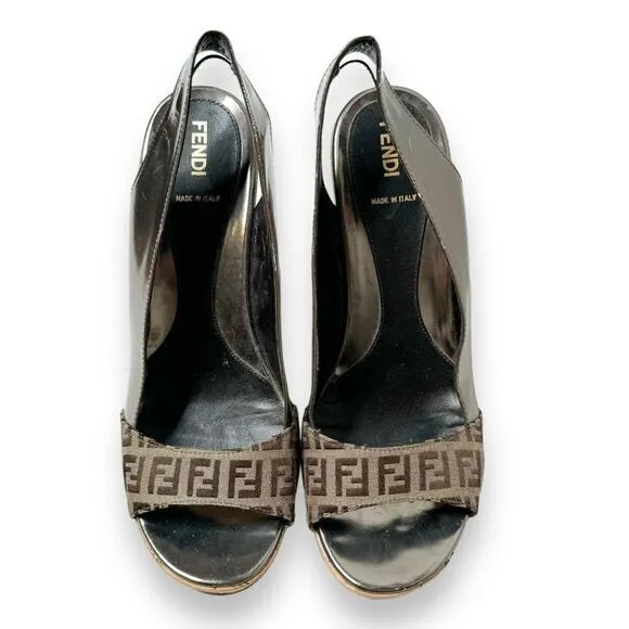 Fendi Metallic/Brown Zucca Canvas &amp; Patent Leather Wedge Sandals Women’s Size 40