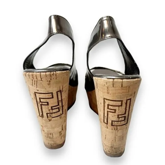 Fendi Metallic/Brown Zucca Canvas &amp; Patent Leather Wedge Sandals Women’s Size 40
