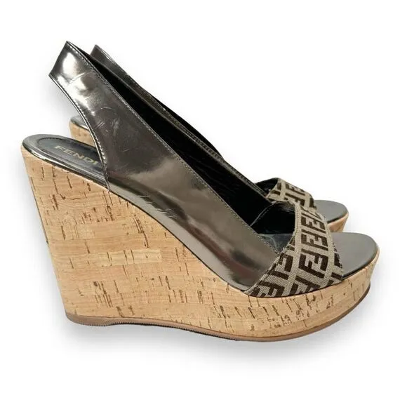 Fendi Metallic/Brown Zucca Canvas &amp; Patent Leather Wedge Sandals Women’s Size 40
