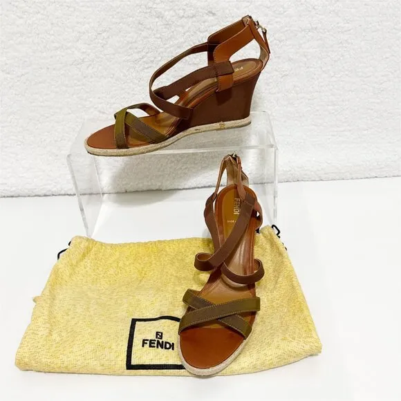 Fendi Wedge Cross Strap Sandal - Leather and canvas with zip back -sz 41 (US 11)