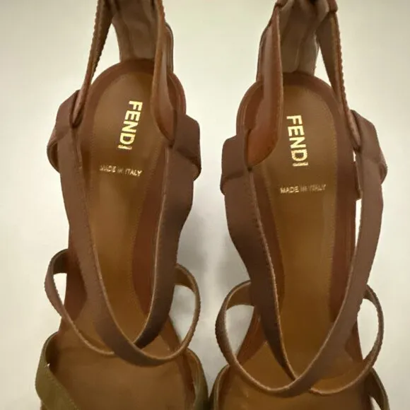 Fendi Wedge Cross Strap Sandal - Leather and canvas with zip back -sz 41 (US 11)