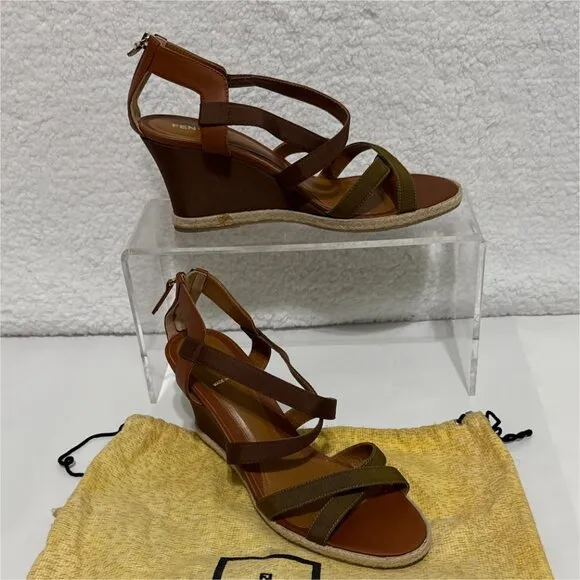 Fendi Wedge Cross Strap Sandal - Leather and canvas with zip back -sz 41 (US 11)