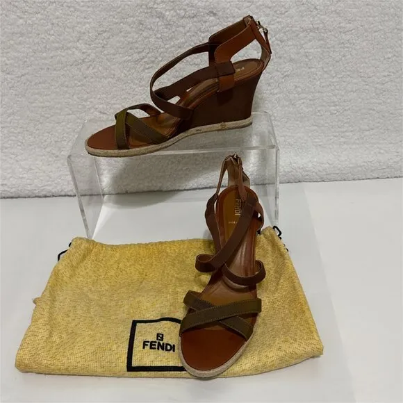 Fendi Wedge Cross Strap Sandal - Leather and canvas with zip back -sz 41 (US 11)