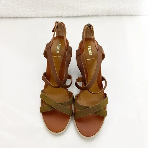 Fendi Wedge Cross Strap Sandal - Leather and canvas with zip back -sz 41 (US 11)