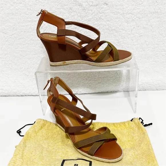 Fendi Wedge Cross Strap Sandal - Leather and canvas with zip back -sz 41 (US 11)