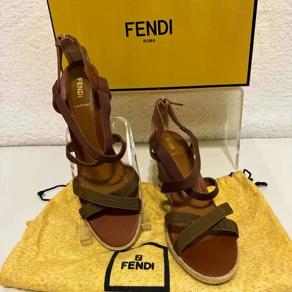 Fendi Wedge Cross Strap Sandal - Leather and canvas with zip back -sz 41 (US 11)