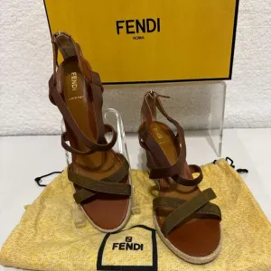 Fendi Wedge Cross Strap Sandal - Leather and canvas with zip back -sz 41 (US 11)