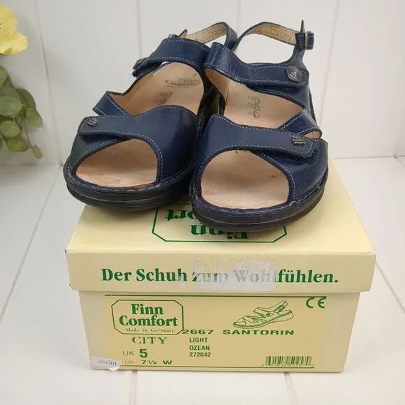 Finn Comfort Santorin Navy Leather Sandals Size 7.5 D Strappy