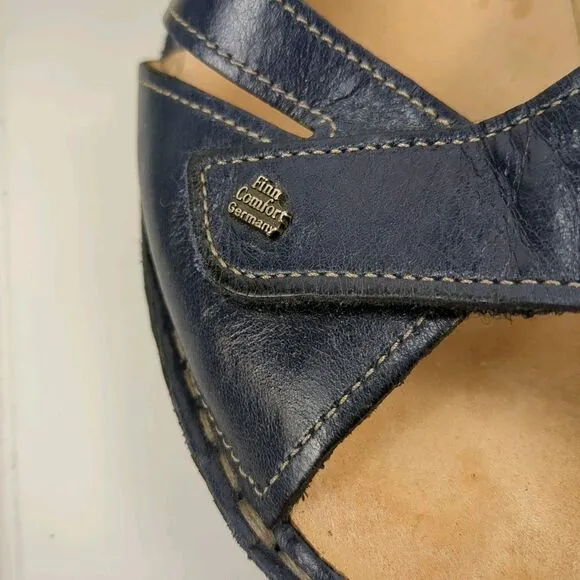 Finn Comfort Santorin Navy Leather Sandals Size 7.5 D Strappy