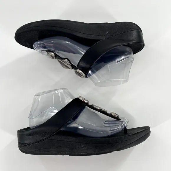 Fit Flop Leia Glitz Black Leather Snakeskin Print ToePost Platform Sandals Sz 10