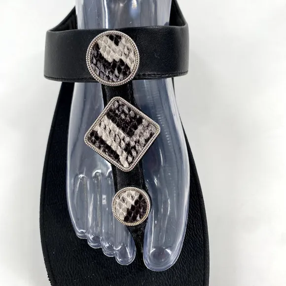 Fit Flop Leia Glitz Black Leather Snakeskin Print ToePost Platform Sandals Sz 10