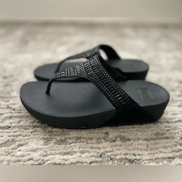 FitFlop Incastone Black Thong Sandals Bling Size 8 Comfort Casual wedge