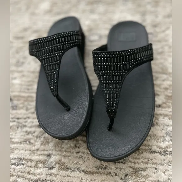 FitFlop Incastone Black Thong Sandals Bling Size 8 Comfort Casual wedge