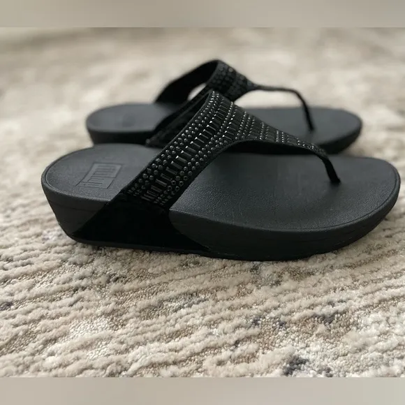 FitFlop Incastone Black Thong Sandals Bling Size 8 Comfort Casual wedge